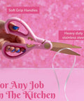 All Purpose Kitchen Shears 2 Piece Set With Premium Stainless Steel Blades And Soft Grip Handles In Pink For Cutting Meat Poultry Fish Pizza Cardboard String And Kitchen Packaging, held open