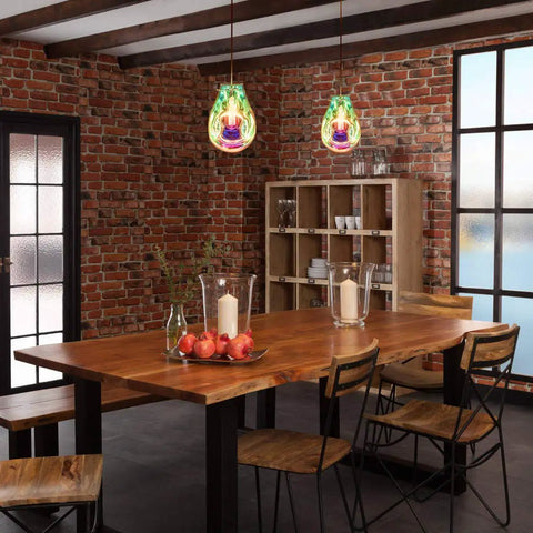 Colorful Bubble Glass Island Pendant Light 1 Light for Kitchen and Dining hanging in rustic dining area.