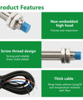 Inductive Proximity Sensor Switch M8 for 3D Printer and CNC, NPN NC, DC 10 to 30V, shows features like high head, threads, cable