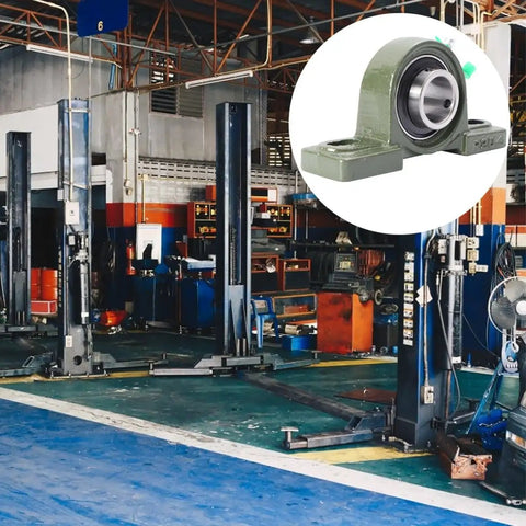 Heavy Duty Cast Iron Pillow Block Housing Bearing Pair With Double Bolt Anchor And Twin Rubber Seals in industrial workshop setting.