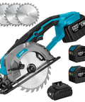 Turbo 6 Inch Cordless Circular Saw with 21V Brushless Motor, 3 blades, and 2 heavy duty batteries for DIY projects.