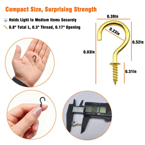Hand holding a half-inch small screw hook, part of a 120 pcs set. Rust resistant coated steel, gold finish for hanging plants, lights, jewelry.