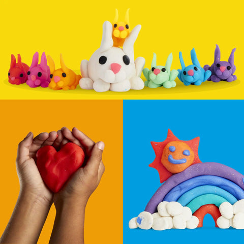 Colorful bunny figures made from Game Changing Modeling Compound Haul With 65 Mini Cans, showcasing creative uses for kids.