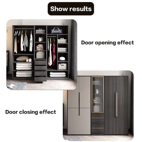 Heavy Duty Hidden Door Hinges With Double Row Ball Bearings For A Knockout Smooth Roll Built Tough Using Raw Cold Rolled Steel For Real Deal Closet And Wardrobe Hardware Projects, displaying open and closed wardrobe doors.