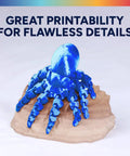 Top Shelf Silk PLA Filament 1.75mm 3D Printer Spool features a vibrant blue octopus model with smooth details on a base.