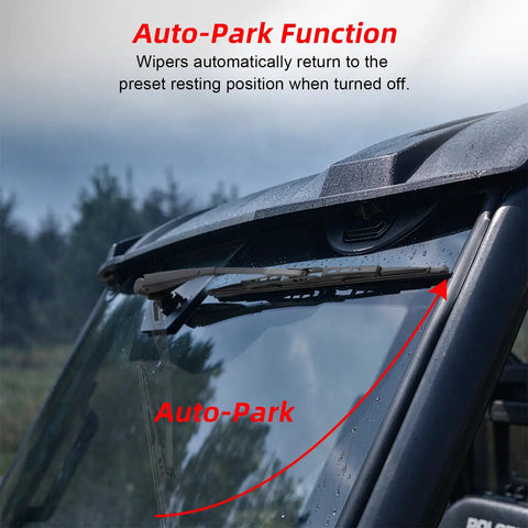 Image of Badass 165 Degree UTV Windshield Wiper Kit With Reinforced Metal Arm and Tough Rubber Blade showing Auto-Park function.