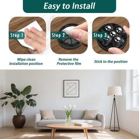 Installation steps for self adhesive caster wheels with 360 degree swivel stainless steel rollers, shown in a living room setup.