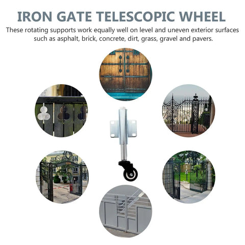 Heavy Duty Workhorse Gate Wheel Caster With Spring Loaded Shock Damping Featuring A Built Tough Iron Frame And Smooth Riding Polyurethane Swivel Support Wheel For Outdoor Doors, shown in various gate settings.
