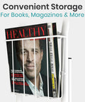 Heavy Duty Toilet Safety Rail With Arms Providing Top Shelf Bathroom Support features a storage rack for books and magazines.