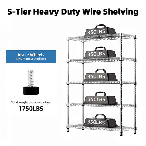 Five Tier Heavy Duty Wire Shelving Unit Adjustable Metal Storage Rack Tough As Nails Handles Massive 1750 Pound Loads with storage bins