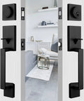 Dope Double Front Door Handleset With Keyed Entry And Dummy Lever Reversible For Left Or Right Hand Square Deadbolt Iron Black Finish Includes Hardware And 3 Keys Perfect For French Or Dual Doors installed on double doors