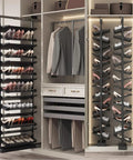 Heavy Duty Premium Adjustable Pull Out Shoe Rack, Stackable Vertical Closet Organizer with shoes displayed in tiered shelves.