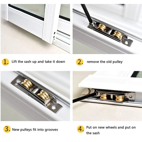 Heavy Duty Sliding Door Rollers 88 Type Double Groove Pulley installation steps showing pulley removal and replacement process.