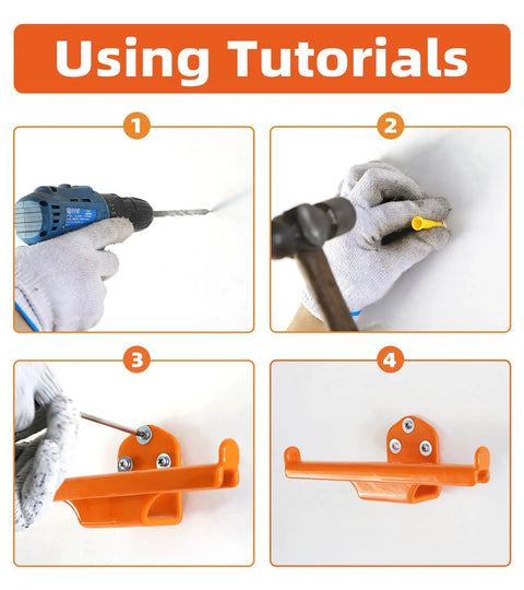 Installation steps for Backpack Leaf Blower Hanger With Tube Hook 2 Pack Wall Mounts, including drilling and screwing into wall.