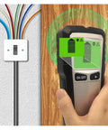 Hella Reliable 4 In 1 Wall Scanner Detector showing screen detecting wood behind drywall with wiring box nearby.