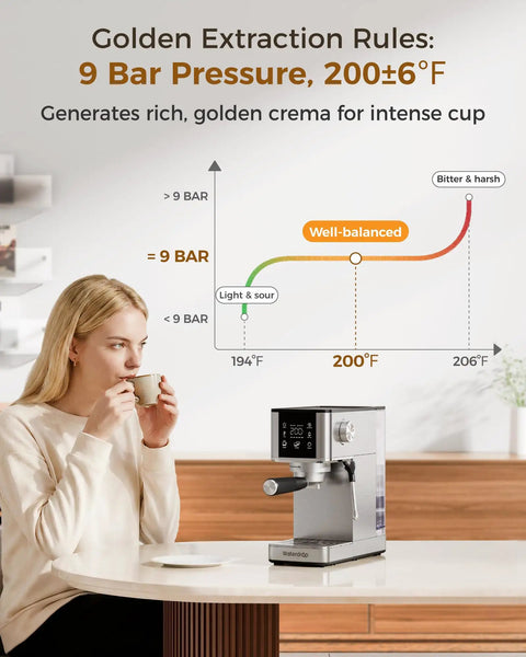 User enjoying a cup from a Semi Automatic Espresso Machine With 20 Bar Pressure And Built In Activated Carbon Water Filter Cutting Chlorine For A Crystal Clear Flavor Kick Daily Morning Fuel Compact Countertop Setup.