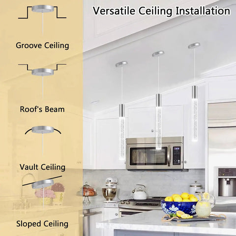 Three Pack Pendant Lights For Kitchen Island Modern Dimmable LED Hanging Lights Silver Finish in kitchen with sloped ceiling