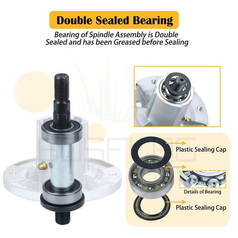 Solid As A Rock Heavy Duty GY21099 Spindle Assembly 3 Pack For John Deere 54 Inch Mower Decks showing double sealed bearing and plastic sealing cap.