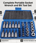 Grip Tight 34 Piece Socket Wrench Tool Set Featuring Knockout 3 In 1 Drive System 1 4 3 8 And 1 2 Inch Bit Handles in blue case.