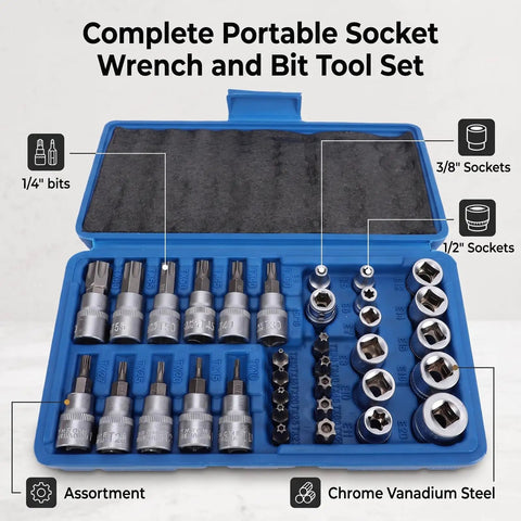 Grip Tight 34 Piece Socket Wrench Tool Set Featuring Knockout 3 In 1 Drive System 1 4 3 8 And 1 2 Inch Bit Handles in blue case.