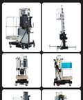 Electric Single Mast Aluminum Alloy Vertical Lift Portable Aerial Work Platform 6M To 10M shown from multiple angles in real-use display.