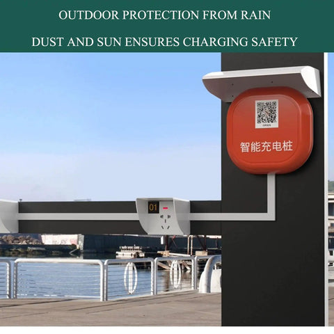 Built Tough Outdoor Rain Canopy For Ev Charger Wall Box Cover weatherproof shelter mounted over EV charger outdoors with QR code.