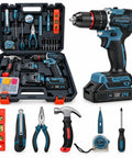 Premium Quality 21V Brushless Cordless Drill And Driver Kit With Two Batteries And Rapid Charger inside a tool case.