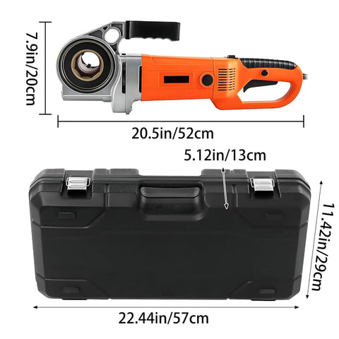 Heavy Duty Electric Pipe Threading Machine Powered By A Killer 2300W Copper Motor, Portable Handheld Pipe Threader size dimensions with case.
