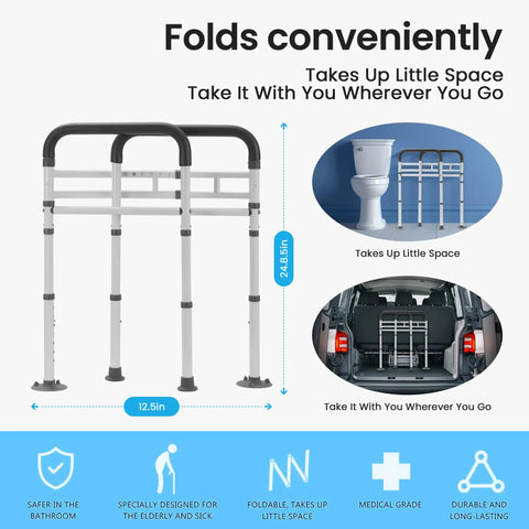 Rock Solid Toilet Safety Rails For Seniors With Dang Good Grip Handles And No Sweat Setup Bathroom Assist Frame foldable for easy storage.