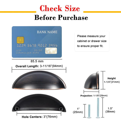 Image showing dimensions of Three Inch Oil Rubbed Bronze Cup Pulls For Cabinets And Drawers Solid Metal Hardware 10 Pack.