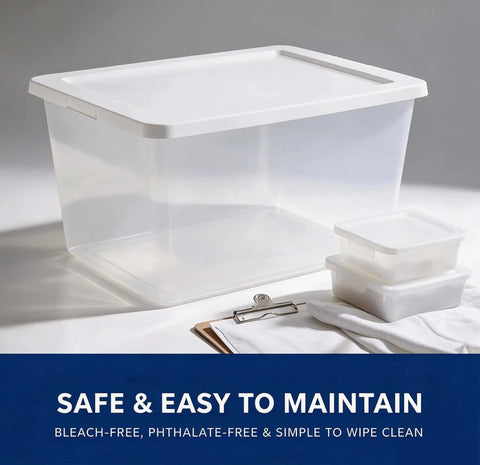 Kick Closet Clutter To The Curb With This Dang Sturdy 58 Quart Medium Clear Plastic Storage Bin featuring a secure snap-on lid.