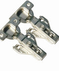 Smooth Operator Soft Close Hinges Full Overlay Clip On Build With Integrated Dampers For Frameless Cabinets, close-up view of steel hinges.