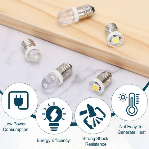 Hella Solid E10 Screw Base LED Bulbs, 5 Pack Mini White Glow Indicators For Flashlights And Car Dashboards, DC 8 To 9 Volt Power, Totally Knockout Small Size on wood background.