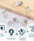 5 Pack Kickass E10 Screw Base LED Bulbs With Sweet Bright White Glow For Flashlights Dash Gauges Mini Switches Hobby Circuits And Tiny Electronics Built Badass Strong And Totally Plug And Play Ready on wooden surface.