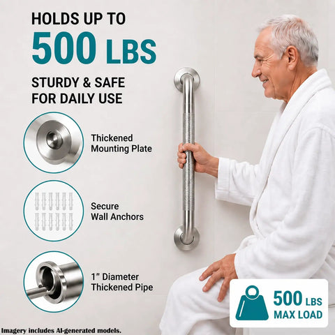 3 Pack Wall Mounted Grab Bars for Shower and Bath, Rock Solid Bathroom Safety Handles with Hefty Weight Capacity for Seniors and Pregnant Women, Non Slip Handrails Ideal for Toilet, Hallway, and Stairs to Keep You Stable and Secure - Close-up of grab bar holding up to 500 lbs with thickened mounting plate and secured wall anchors.