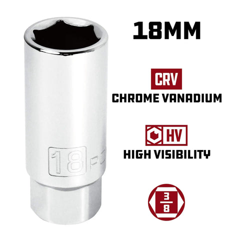 Three Eighth Inch Drive Spark Plug Socket Set Six Point Deep Thin Wall Five Piece Metric And SAE Chrome Vanadium 18mm socket