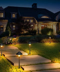 Lit 200LM Smart Outdoor Pathway Lights With 12V Low Voltage illuminating garden path in warm white, evening view