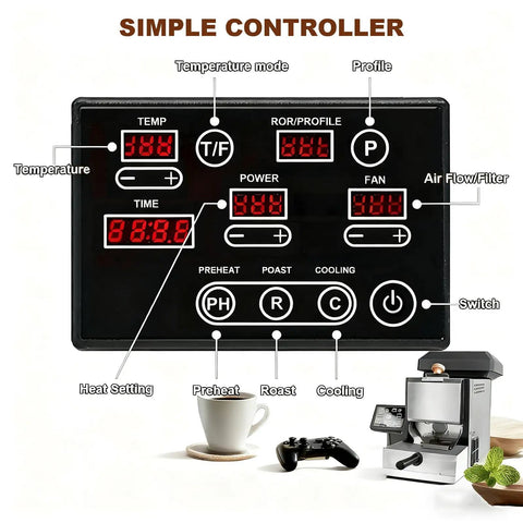 Hella Smooth Electric Coffee Roaster With Zero Hassle Auto Operation control panel showing temperature and modes for easy home brewing.