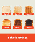 Image showing 6 shade settings on a toast, demonstrating browning levels for the Slick Two Slice Slim Toaster With Hella Long Slots For Versatile Even Heating And A Tight Oat Milk Finish That Ditches Everyday Countertop Clutter While Kicking Out Perfect Crisps Daily.