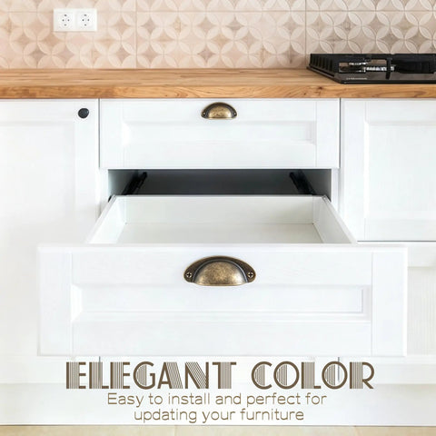 Six Pack Copper Shell Drawer Pulls Vintage Cup Style Furniture Hardware Solid Metal Cabinet Handles For Kitchen Refresh Home Makeover Upgrade That Really Hits Different, displayed on a white cabinet.