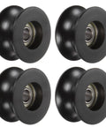 Four Pack U Groove Roller Wheels Featuring Slick Eight Millimeter Bore Bearings For Hassle Free Track Systems Providing Top Notch Motion Control And Dead Smooth Door Glides, black steel wheels set.