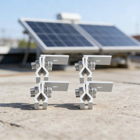 Beefy Aluminum Solar Mounting Clamps 4 Pack Fully Pre Assembled With Stainless Steel Screws And Washers on rooftop with solar panels.