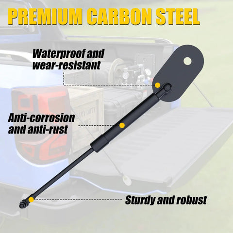 Heavy Duty Tailgate Lift Assist For 2007 To 2021 Toyota Tundra Trucks Dropping Gate Support Struts Driver Side close-up of carbon steel dampener.