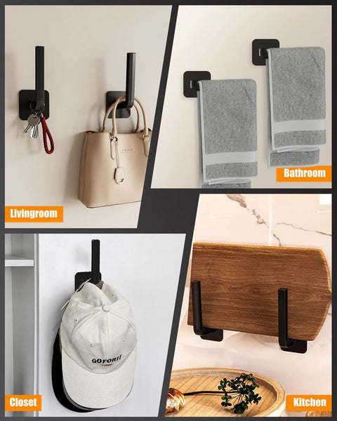 Level Up Your Setup With This Dope 4 Pack Hat Rack Set Featuring Super Strong Adhesive Wall Hooks L Shaped Design For Baseball Caps Keep Your Collection Looking Clean And Tidy With No Drill Installation That Works Like A Charm Black Acrylic Finish Fits. Four black hooks showing use in bathroom, closet, living room, and kitchen.