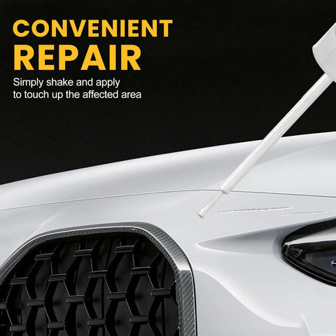 Premium White Touch Up Paint Pen For Vehicles Super Rapid Auto Scratch Remover applied on a car's hood to repair a scratch.
