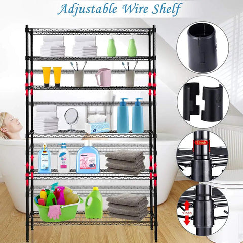 Heavy Duty Metal Wire Shelving Unit 6 Tier Adjustable Steel Utility Storage Rack Nsf Certified with cleaning supplies and towels.