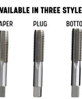 M10 X 1.5 Carbon Steel Tap Set Workhorse Three Piece Hand Threading Kit showing taper, plug, and bottom taps