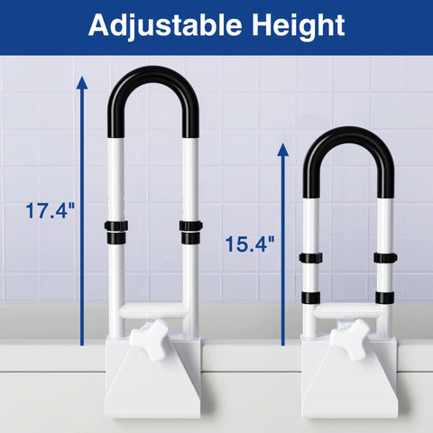 Rock Solid Adjustable Bathtub Safety Rail And Grab Bar Handle With Non Skid Grip For Steady Balance Clamp Install Adjustable height of 17.4 inch and 15.4 inch.