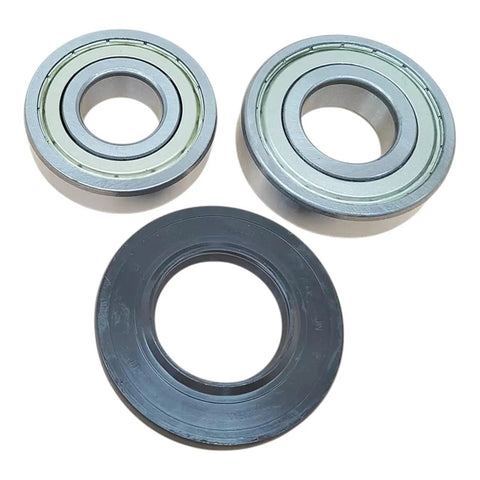 Top Tier Washer Washing Seal Bearing Replacement Kit for smooth drum rotation, includes two steel bearings and one rubber seal.