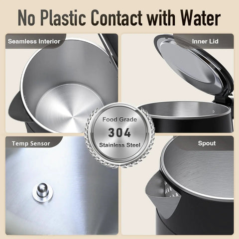 Interior views of Electric Kettle 1.7L With Clear Touch Screen Temperature Control, No Plastic Contact With Water, stainless steel.